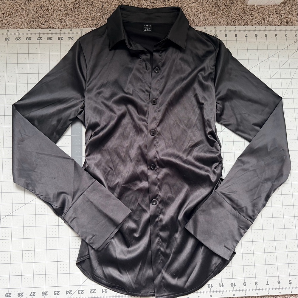 SHEIN Black Satin Button Down Shirt